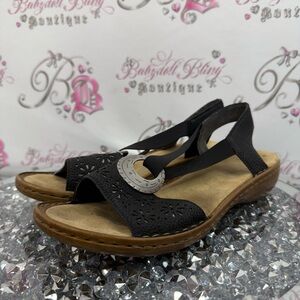 Rieker sandals floral flowers metal detail o ring Black Cutout Sandals